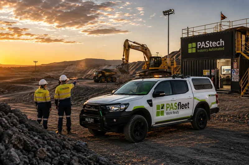 PAStech crew and a PASfleet Hilux on a mine site at sunset