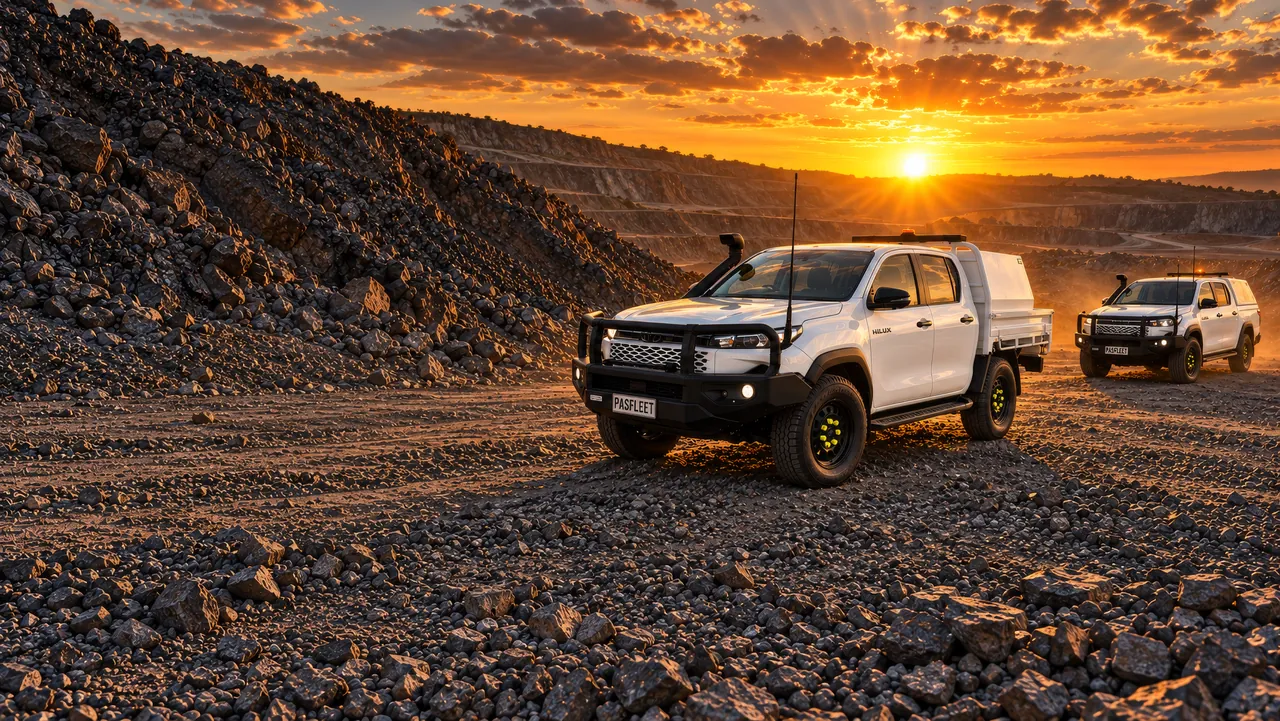 Two white PASfleet Hilux utes on a mine site at sunset